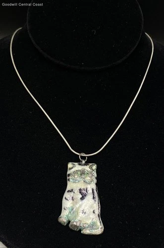 925 Silver Snake Chain ring Clasp Necklace Vintage Enameled Cat Pendant