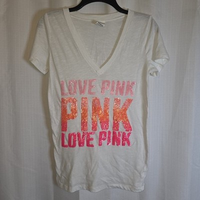 Pink  V Neck Pullover T-shirt W/sequins Small White
