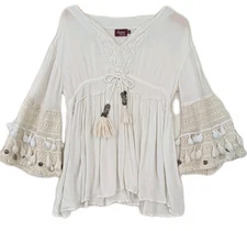 Avani Del Amour Babydoll Top Womens S Cream Wide Crochet Sleeve Boho Festival