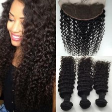 12A BRAZILIAN VIRGIN HUMAN HAIR DEEP CURL BUNDLES 3/4 WITH 13X4 LACE FRONTAL 1b 