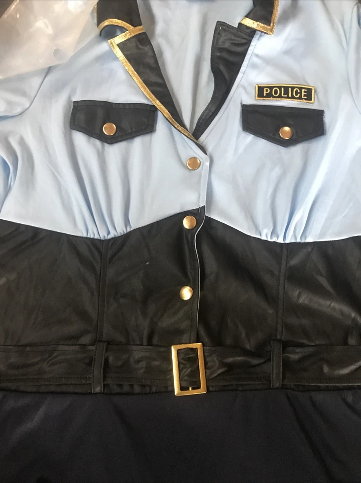 SEXY POLICÍA Disfraz Vestido con Volantes Delantero Cuello a Presión AZUL Dorado Bolsillo Cinturón SOMBRERO L Foto 3 de 4