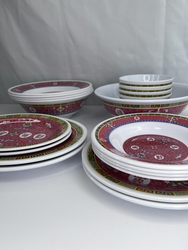 Vintage Set of 20 Red Lucky/Longevity Design Melamine Bowls / Plates Taiwan - Picture 2 of 23