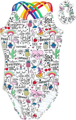 Destira Gymnastics Leotard for Girls With Child Medium (8), Unicorn Doodle 