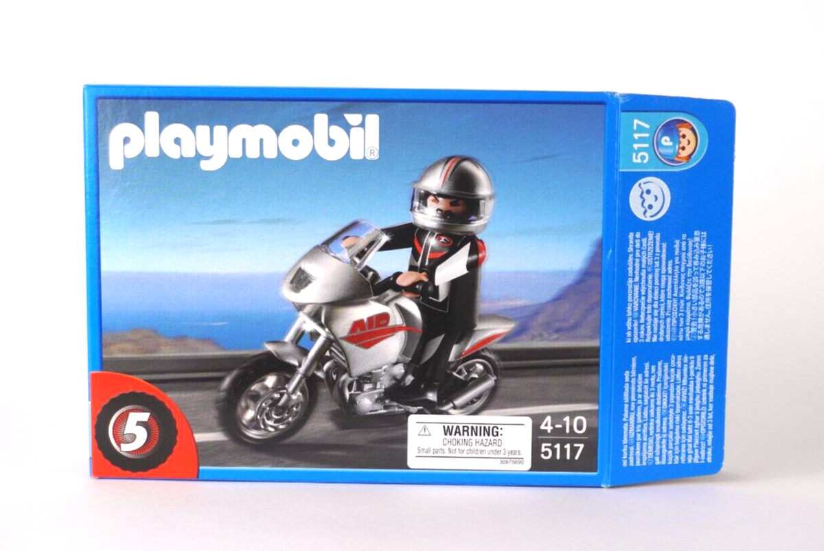 Playmobil 5117 Gray Motorcycle with Rider New in Opened Box