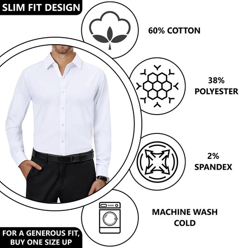 Men's Slim-Fit Stretchable Long Sleeve Button Down Dress Shirts (Size S-3XL) NEW - Picture 11 of 20