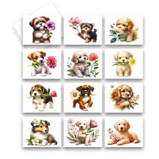 12 Assorted All Occasion Note Cards Blank Greeting Cards - PUPPIES