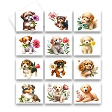 12 Assorted All Occasion Note Cards Blank Greeting Cards - PUPPIES