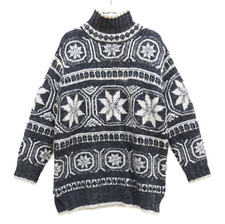 Vintage Wool Nordic Snowflake Sweater Chunky Knit Ski Fair Isle Gray White Xmas