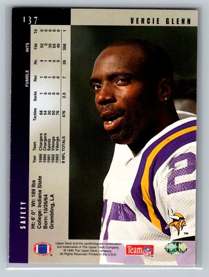 1994 Upper Deck Football #137 Vencie Glenn Minnesota Vikings | eBay