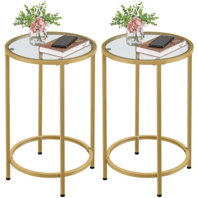 Set of 2 Round End Side Tables Small Coffee Tea tables w/ Glass Top& Metal Frame