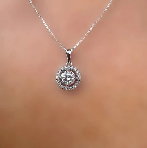 2Ct Round Cut Real Moissanite Halo Womens Wedding Pendant 14K White Gold Plated - Picture 2 of 9