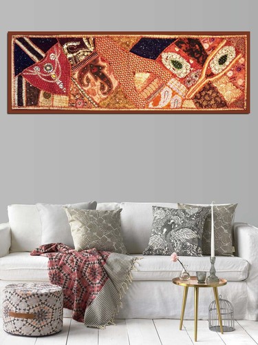 60" CRAZY QUILT HEAVILY BEADED SEQUIN SARI RUNNER DECOR TAPESTRY WALL HANGING - Picture 4 of 11