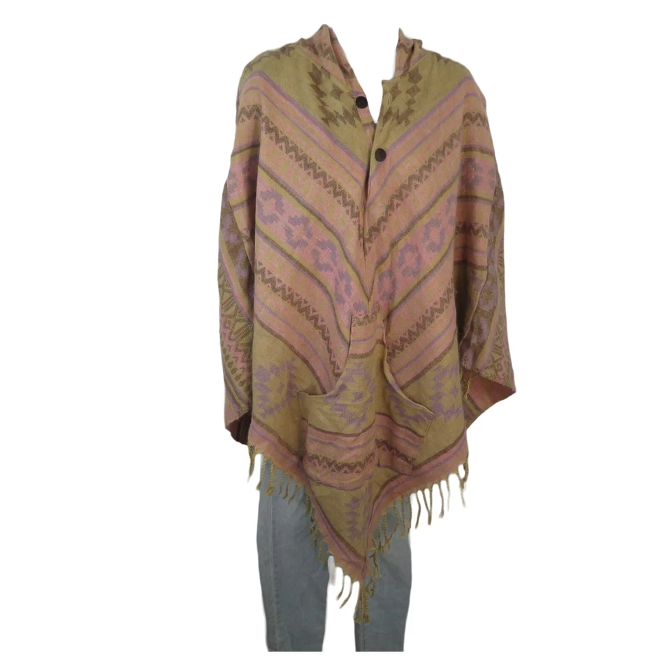Poncho|2 Botones|Borlas | Capucha+Bolsillo|Boho|Desierto|Mezcla de Lana Yak|Talla 1|Ámbar Foto 2 de 4