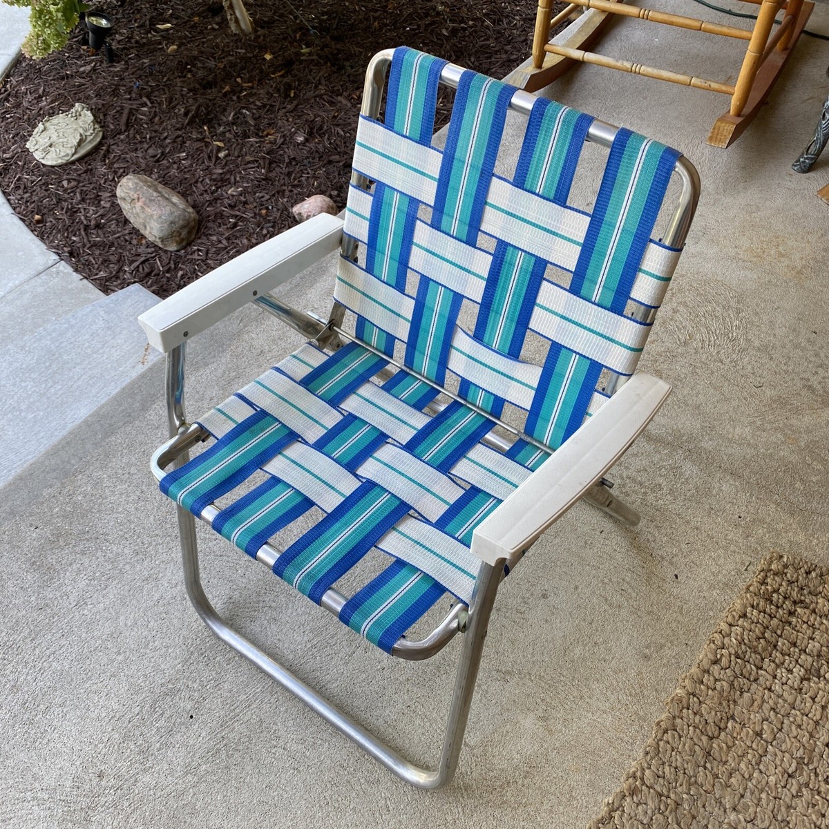 1 Vintage Aluminum Folding Lawn Chair Beach Woven Webbed Lawn