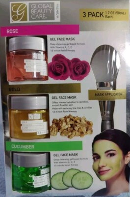 Global Beauty Care 3-Pack Gel Face Mask (Rose, Gold, Cucumber) Mask Applicator