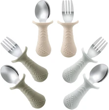 PandaEar Baby Toddler Fork and Spoon Utensil Light Tan&Walnut&Grey 