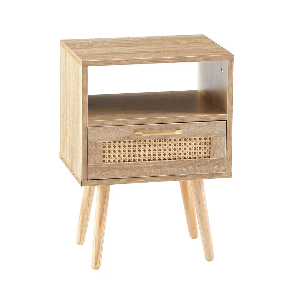 Mesa auxiliar de ratán 15,75 con cajón, patas de madera maciza, mesita de noche moderna Foto 2 de 4