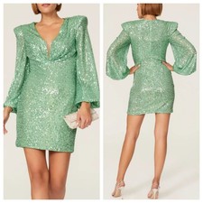 IEENA for Mac Duggal Mini Dress Green Sequin Structured Long Sleeve size 6