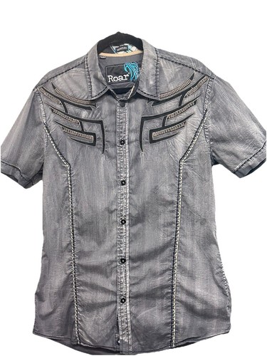 Roar Mens Large Gray Button Up Short Sleeve Shirt Western Grunge Tribal Cowboy