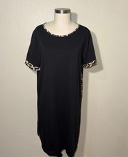 Black Leopard Trim T-Shirt Dress XXL Casual Midi Animal Print Soft Stretch