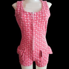 Vintage 6/8 Women's Romper 1of1 Red Sleeveless Fish Print 1970's Front Zipper