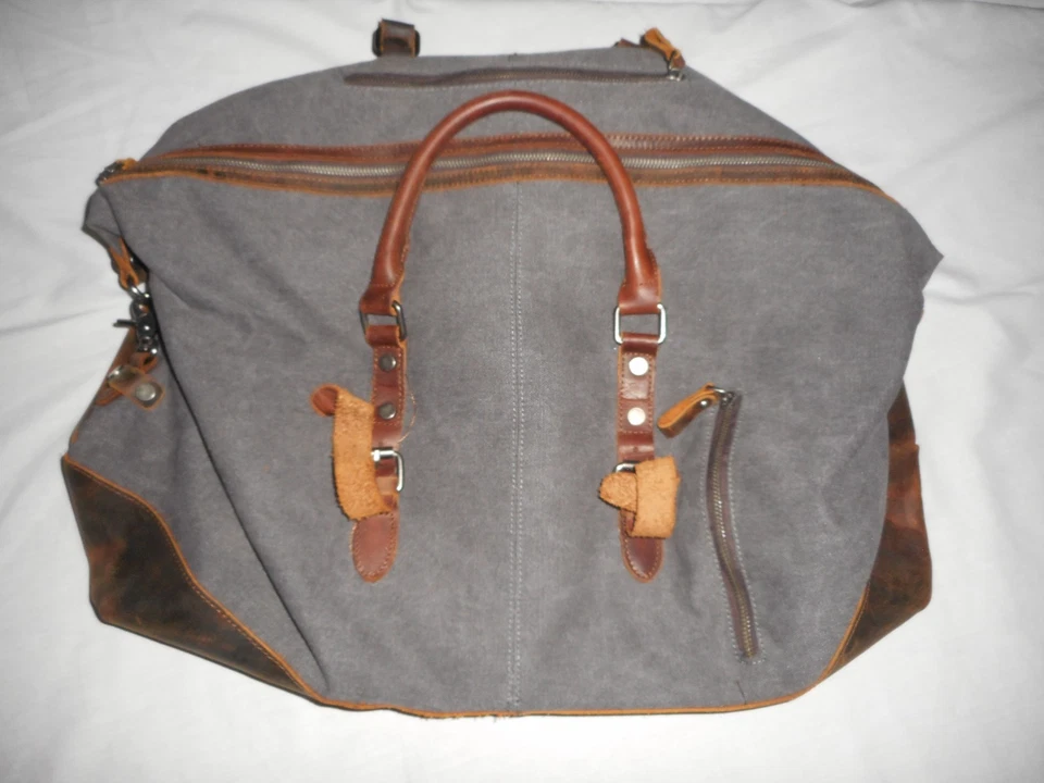 Bolso de Viaje Bluboon Marrón Lona con Cuero Fin de Semana Noche Llevar Viaje Foto 2 de 4