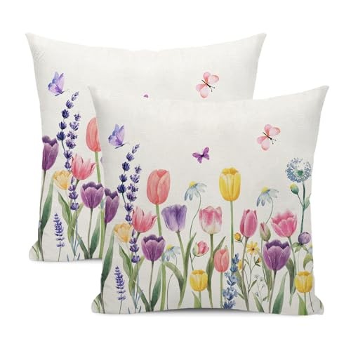 Spring Flower Pillow Covers 16x16 Inch Set of 2, 16" x 16" (Pack of 2) Tulip