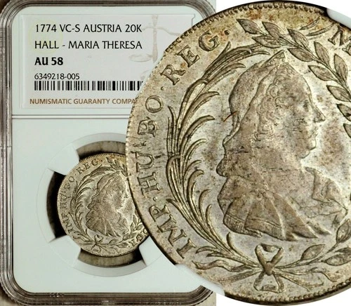NGC AU-58 HALL AUSTRIA SILVER 20 KREUZER 1774 VC-S (TOP POP: 1/0)