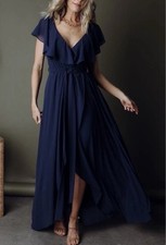 Baltic Born Katya Ruffle Flutter Chiffon Maxi Dress Navy Blue Size Large