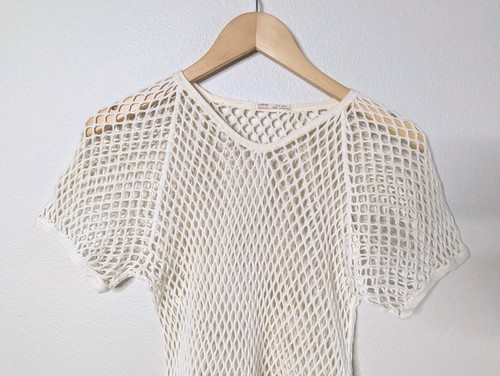 Vintage Norwegen Baumwolle weiß Mesh String Shirt Netz Fischer Top S/M B9 - Bild 2 von 12