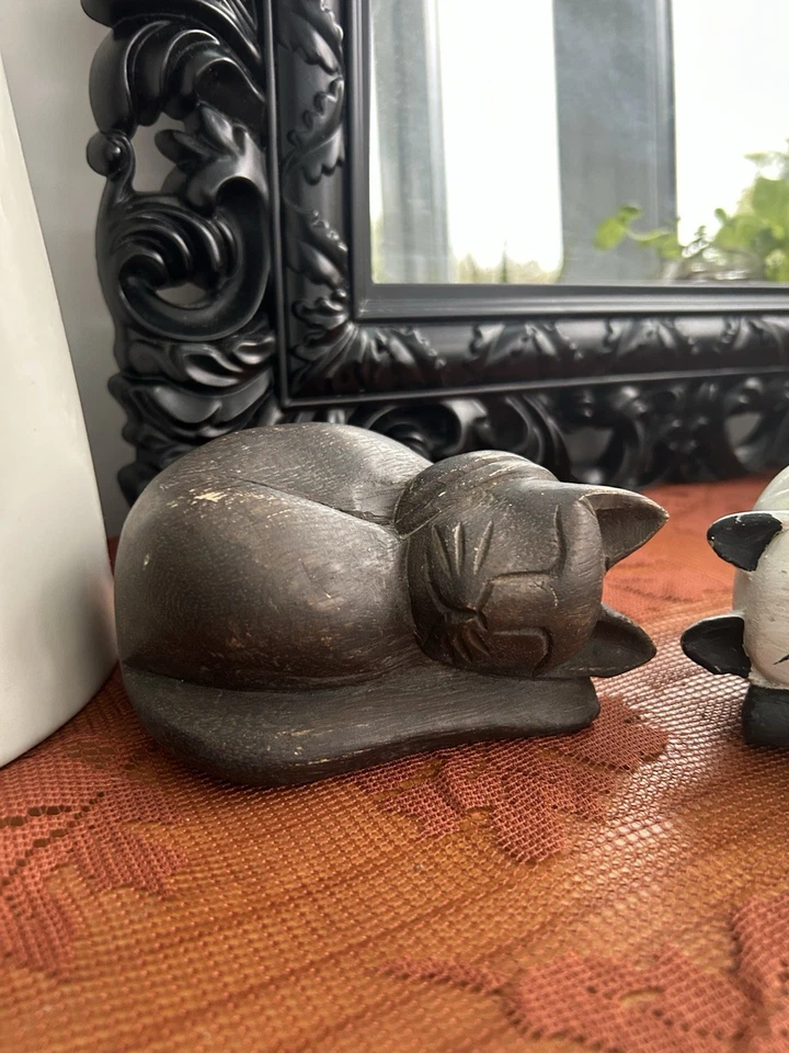 Pair of Hand Carved Wooden Sleeping Cat Figures: Rustic Animal Decor Cottagecore - Image 3 of 4