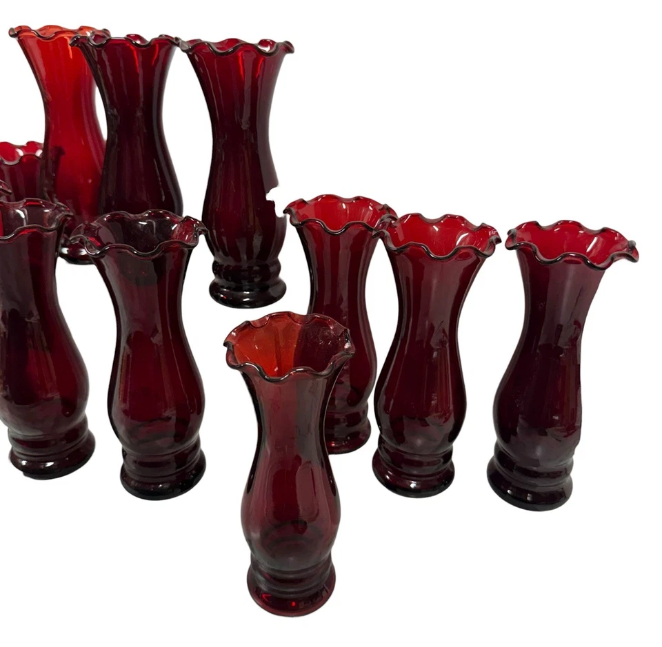 Job Lot x14 Vintage American Anchor Hocking Vase Ruby Red Ruffle Top Bud Vases - Image 4 of 4