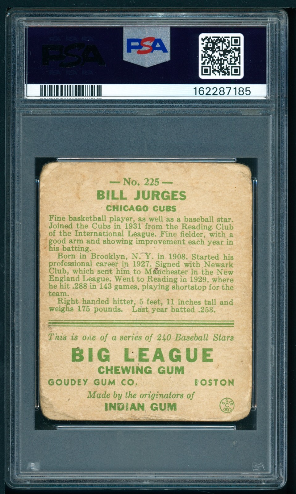 1933 Goudey R319 Billy Jurges - Cubs #225 RC Signed PSA A AUTO 10 Fresh Grade view 2