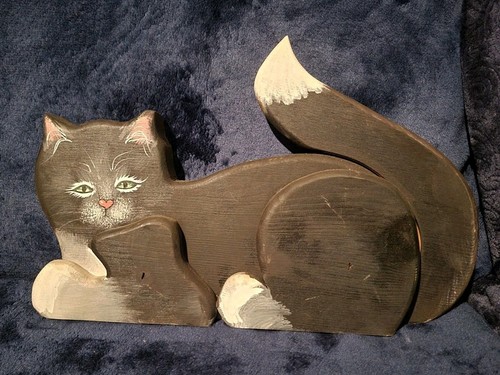 Vintage Handmade Handpainted Wooden Cat Doorstopper