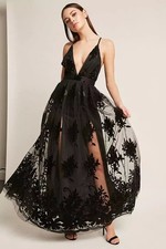 Windsor Morgan Prom Evening Dress Small Blk Flocked Velvet Plunging Fairy Goth