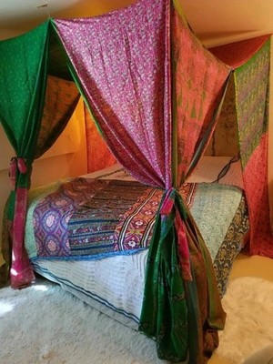 Bed Decor Indian Vintage silk sari Ethnic bed canopy Colorful Assorted Curtains