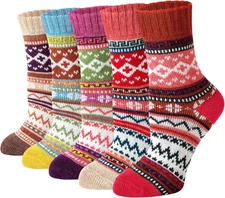 5 Pairs Women’s Wool Socks Winter Warm Knit Crew Hiking Boot Socks