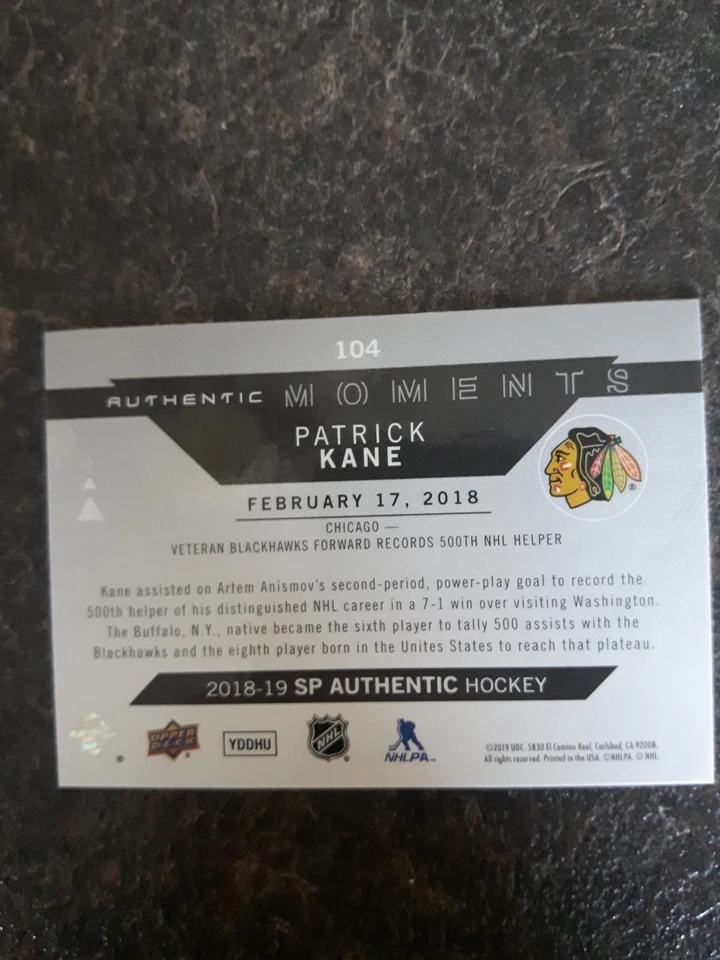 2018-19 Sp Authentic Authentic Moments Patrick Kane Card# 104 - Image 2 of 2