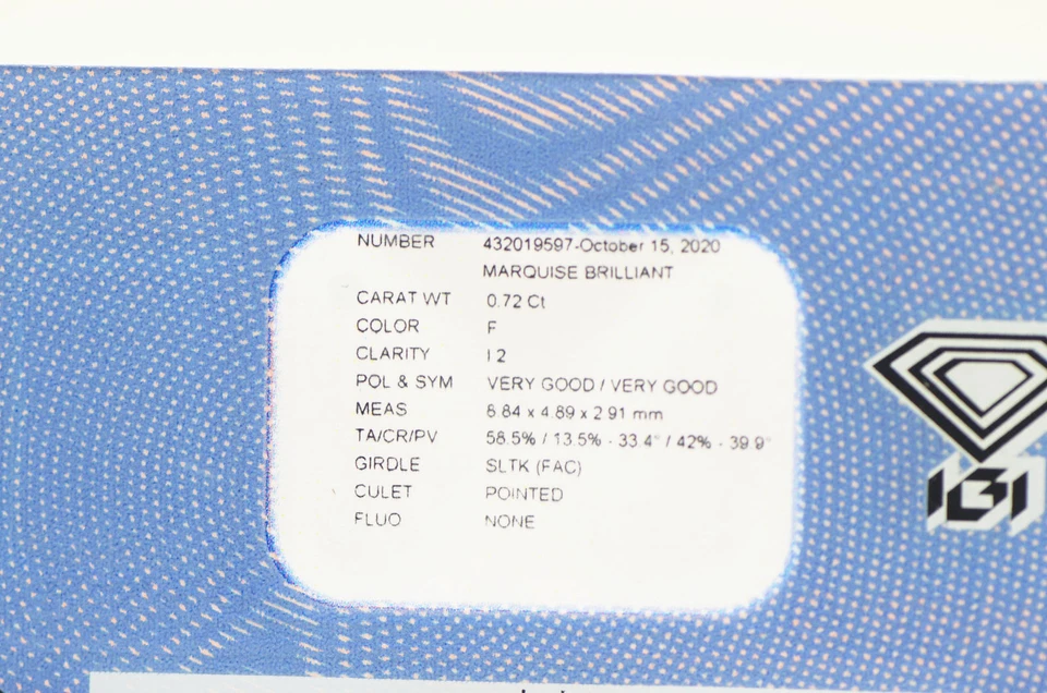 Marquise Diamond Natural White Loose F Color I2 Drilled IGI Certified 0.72 Carat - Image 4 of 4