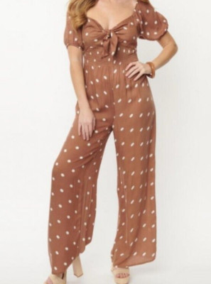 DEE ELLY Jumpsuit Size Medium Brown and White Polka Dots