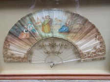 Magnificent Antique Victorian French hand painted Hand Fan in glass display box