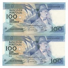 PORTUGAL 2 X 100 ESCUDOS 16 OCTOBER 1986 PICK 179 FOLLOW NUMBERS AUNC