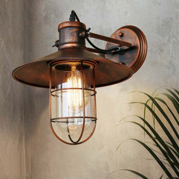 Outdoor Retro Vintage Wall Mount Light Sconce Antique Copper Lamp Shade