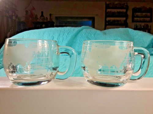 2 Vintage NESTLE Clear Frosted Glass WORLD MAP Coffee Mugs Etched Glass