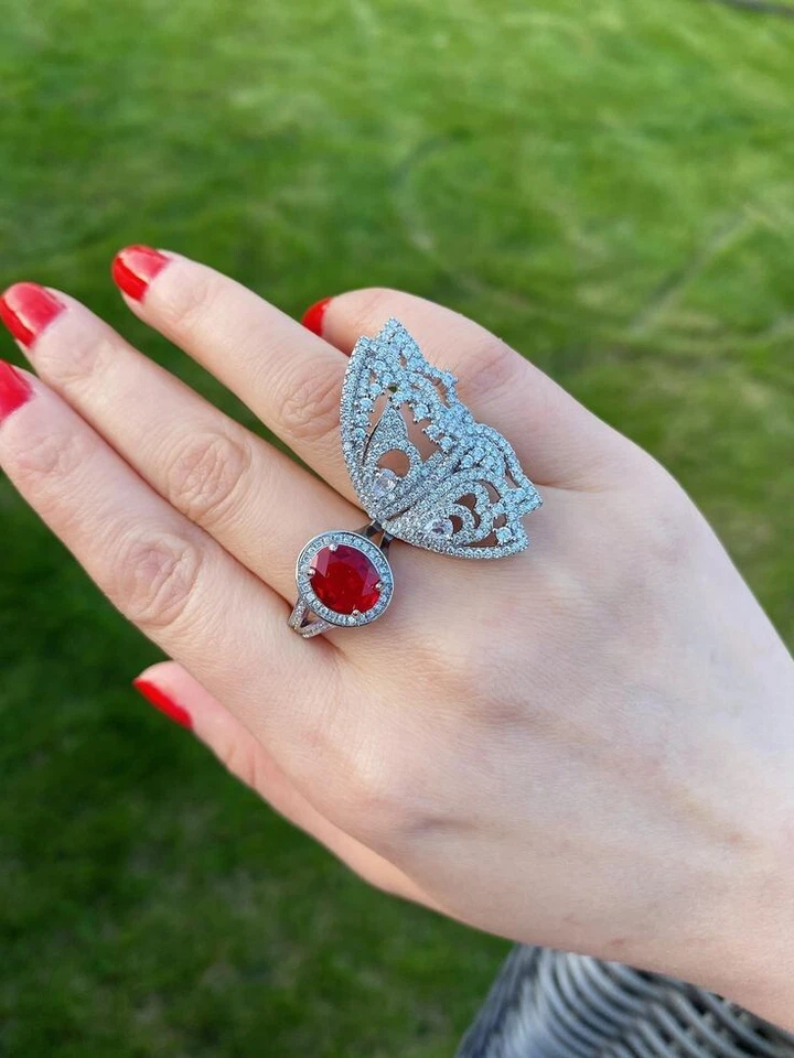Big Butterfly Simulated 8.52TCW Ruby & Sapphire Pastes Double Ring For Woman - Image 2 of 4