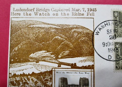 1945 US ARMY BLOCK OF FOUR 3C STAMPS FIRST DAY COVER LUDENDORF BRIDGE CACHET - Picture 3 of 6