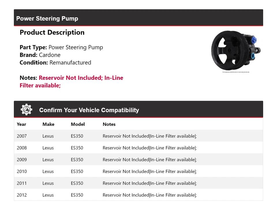 Bomba de dirección asistida Cardone para Lexus ES350 2007-2012 2008 2009 2010 2011 Foto 2 de 4