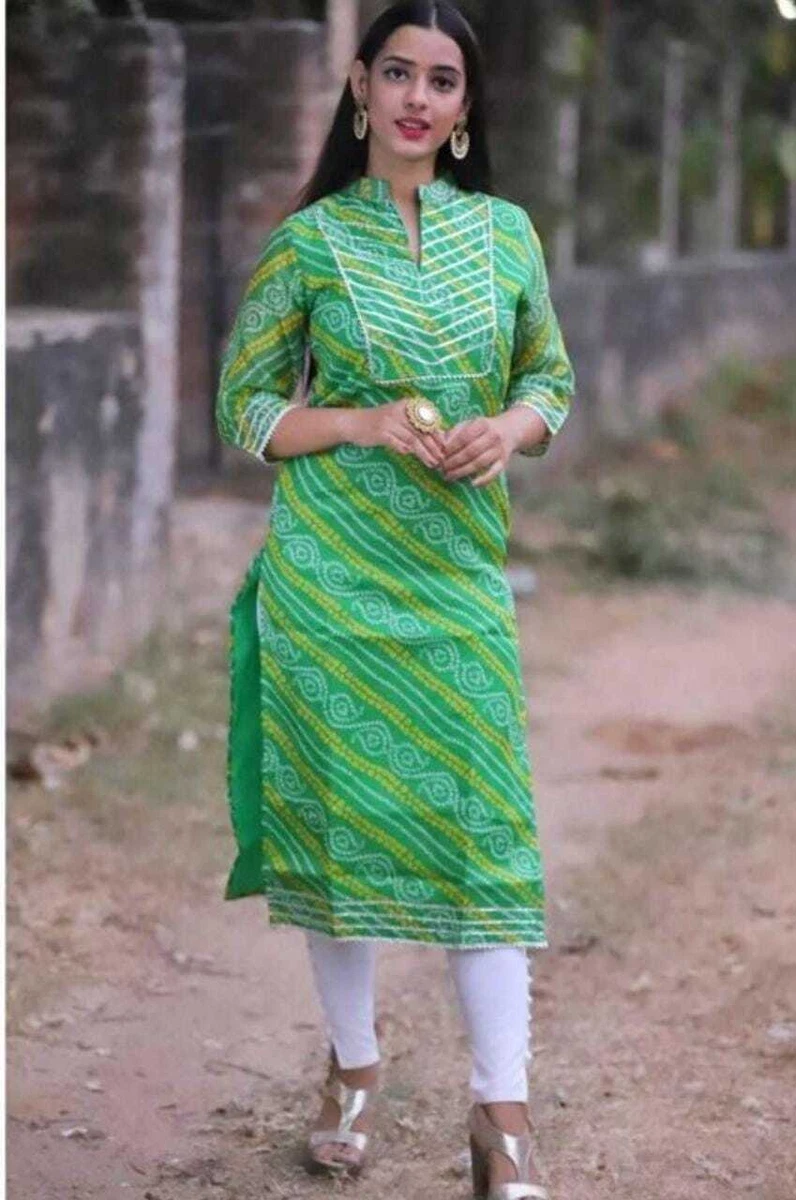 Kurtas & Kurtis : Green cotton lehariya printed straight ...