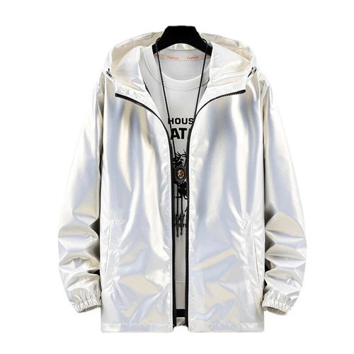 Herren glänzende Jacke Kapuze Mantel holografisch Harajuku Mode Top Freizeit - Bild 15 von 23