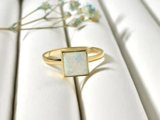 Natural White Opal Square Ring 925 Sterling Silver Gold Plated Engagement Ring